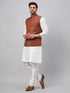 Vastramay Men's Coffee Matka Silk Nehru Jacket With White Silk Blend Kurta Pyjama Set
